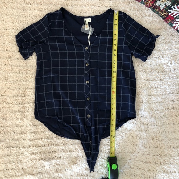 Cropped Button Down Blouse Navy Blue, Front Tie - Picture 4 of 8